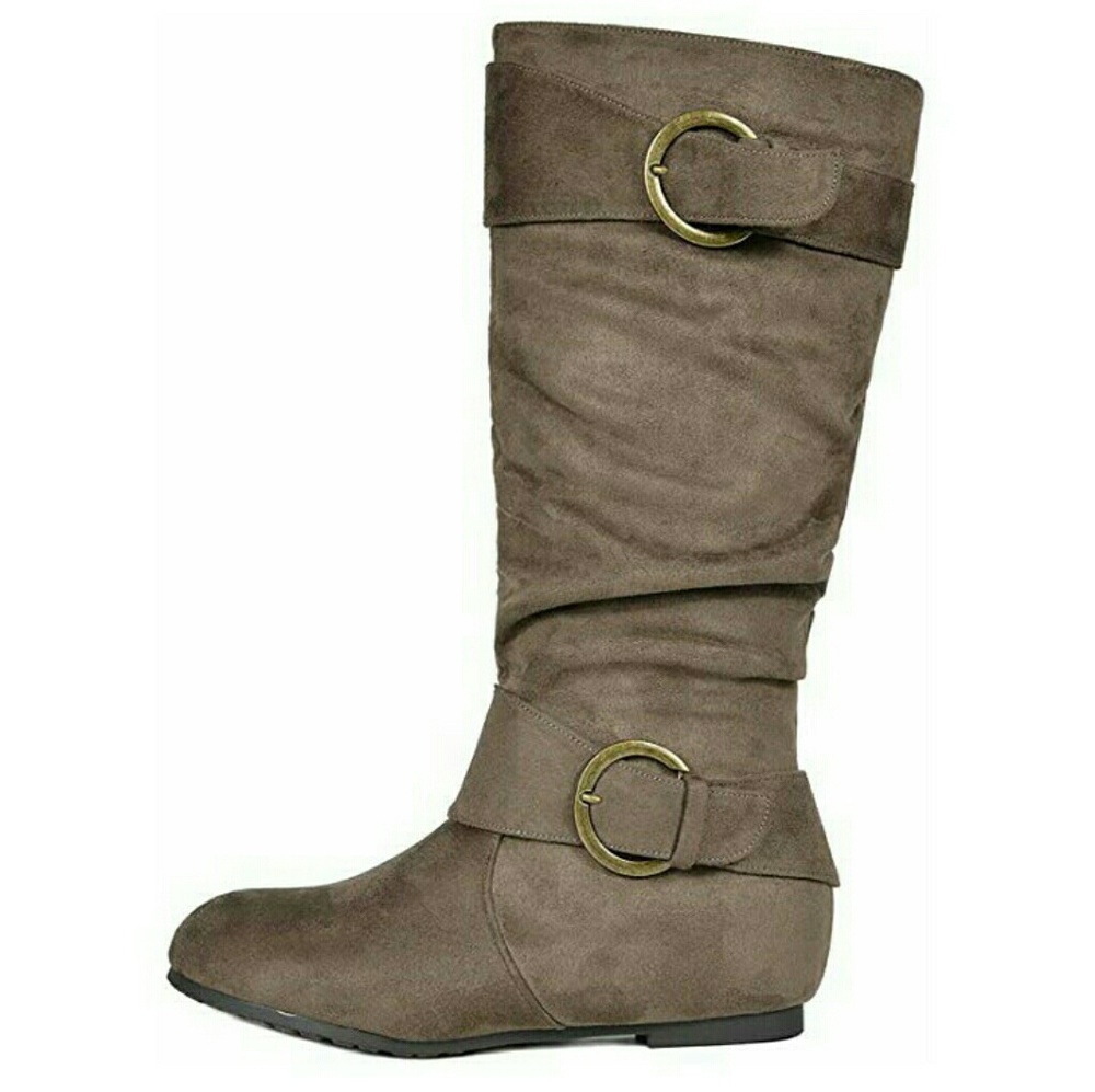 Taupe knee high wide calf double buckle boot